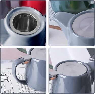 VIVILINEN Porcelain Teapot, Ceramic, Handmade, 18/8 Stainless Steel Strainer, Fine Mesh Stainless Steel Infuser with Filter (Gray)