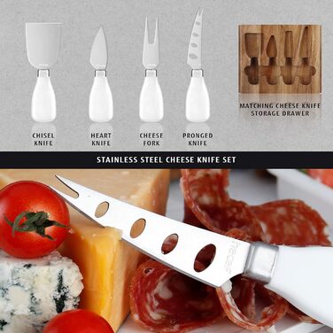 hecef Cheese Board Set, Acacia Wood, Square Cheese Board with 2 Pull-Out Drawers & Cutlery Set & Snack Plates & Marble Cheese Slate