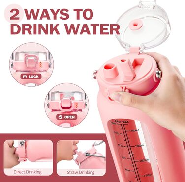 BLUEGO 2000ml Glass Water Bottle with Stainless Steel Handle and Time Marker 2L Motivation Glass Dryer with Silicone Sleeve and Straw for Gym, Office, Outdoors, Sports Water Bottles BPA-free, (Pink)
