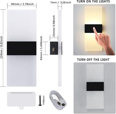 LED-стінні світильники VOMI з датчиком руху, акумуляторні, бездротові, з USB-зарядкою, 4000mAh, для дому, коридору, сходищ, 2 білі світла (сенсорне керування, 3000K)