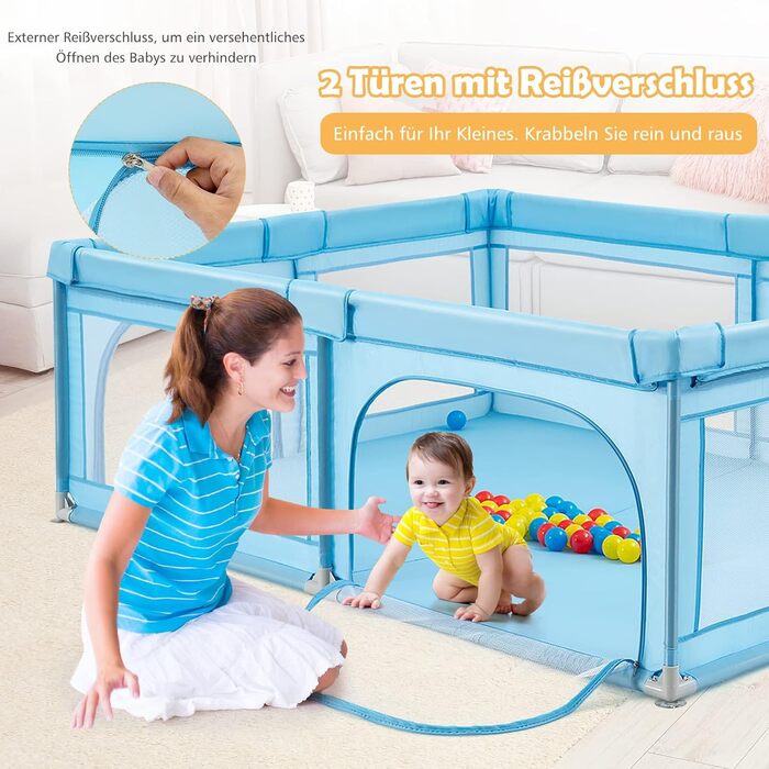 Манеж DREAMADE 200x140 см для дітей, з 50 кульками та сумкою, ігровий паркан для малюків, для дому та вулиці, синій, без матраца