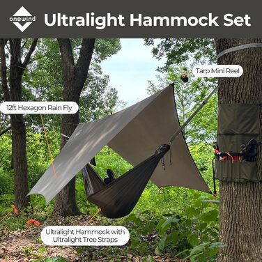 onewind Long Ultra-Light Camping Hammock for Backpackers, Portable, Compact, Ideal for Hiking, Camping, Travel (Od Green - with Ultra-Light Tree Straps, 335cm * 140cm)