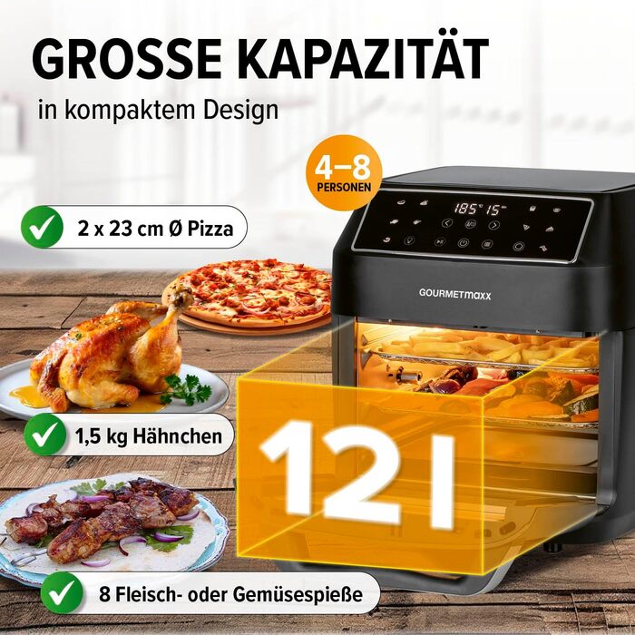 GOURMETmaxx Hot Air Fryer 12 L Airfryer | Deep Fryer with 9 Functions, Touch Display, Rotating & Skewer Spits | 10 Programs incl. Pizza | Mini Oven 1700 W – virtually without oil, matte black, 12 liters