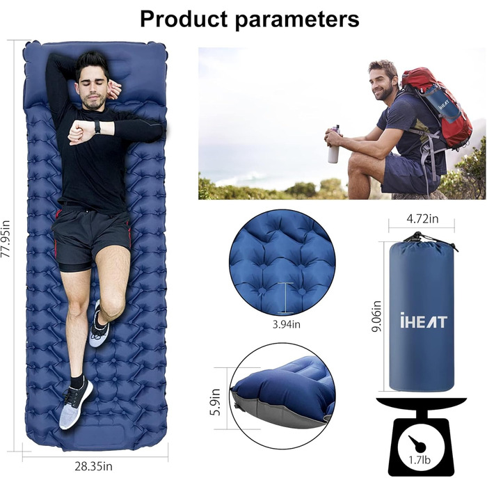 iHEAT Self-Inflating Camping Sleeping Pad with Foot Pump, Ultralight Air Mattress with Pillow, Waterproof Compact Sleeping Mat for Outdoor, Hiking, Backpacking, Camping, Beach - New Gery