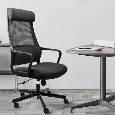 Ергономічне крісло для офісу з регульованою підголівником, крісло для робочого столу з широким сидінням, підтримкою попереку, офісне крісло 200 кг, сітчасте крісло, крісло для дому та офісу, комп'ютерне крісло EN 1335 (Чорний)