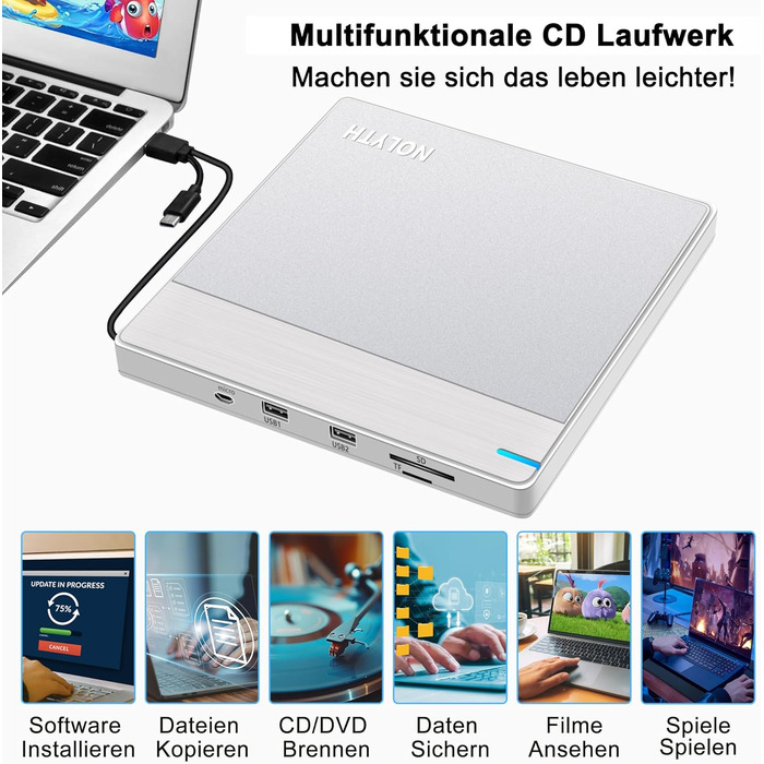 Зовнішній DVD-накопичувач для ноутбука Ultra Slim: портативний CD/DVD привід USB з картридером SD/TF для Mac, MacBook, Windows