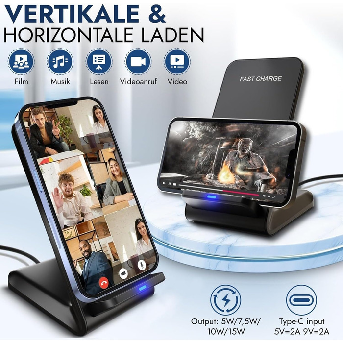 Бездротовий зарядний стан для iPhone, Samsung, Google Pixel (15W, Qi, чорний)