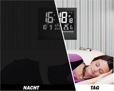 TFA Dostmann Digital Radio Clock with Automatic Backlight, with Indoor Temperature, Date, Day of the Week, Black, 60.4508, L 230 x W 31 (80) x H 185 mm