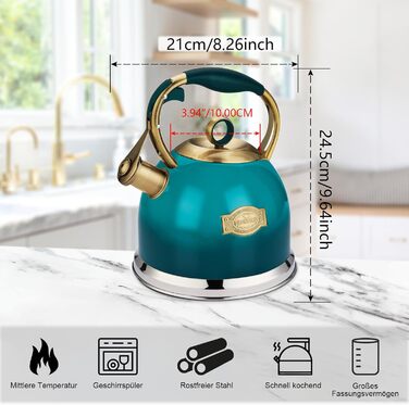 Чайник-свисток 3л з нержавіючої сталі з термостійкою ручкою, для індукційних плит (блакитний)