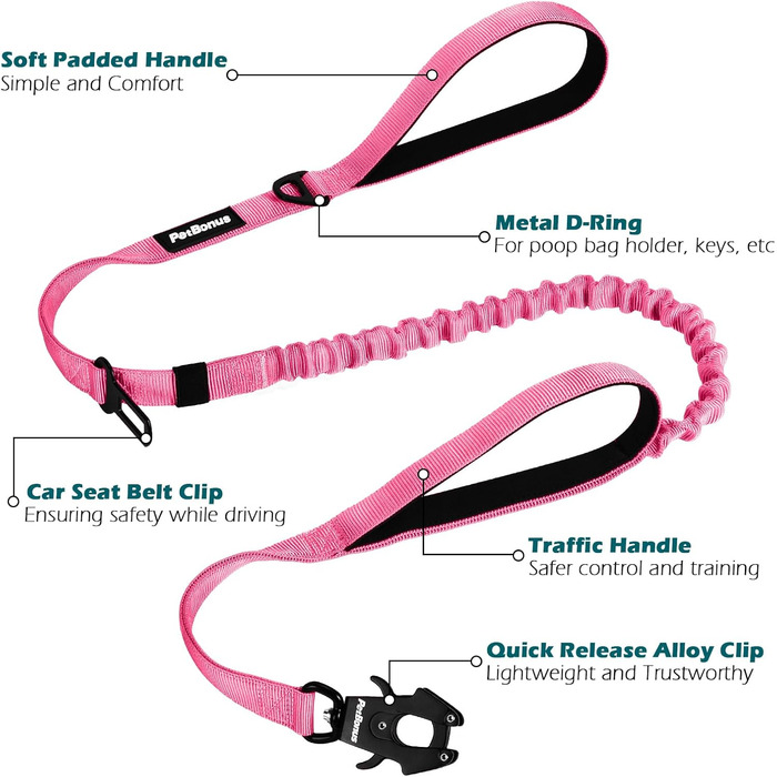 Тактична повідок для собак PetBonus Heavy Duty, 1,5м, еластична, з 2 м'якими ручками, страхувальний ремінь для авто, навчальна повідок No Pull для великих та середніх собак (Армійний зелений, Рожевий)