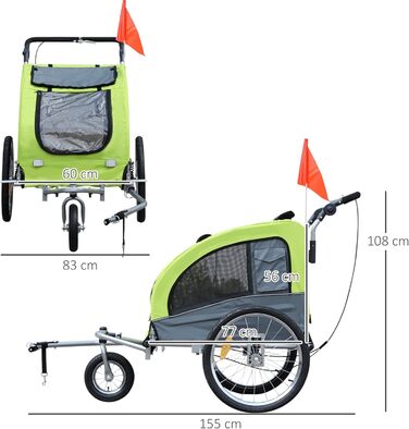 PawHut 2-в-1 Причіп для собак, велосипедний причіп для собак, візок для собак з відбивачами, прапорцем, причіп для собак PawHut, Oxford-тканина (Зелений)