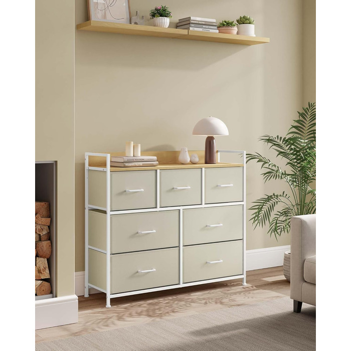 SONGMICS Chest of Drawers, Cabinet, 7 Fabric Drawers with Handles, Metal Frame, Industrial Design, Vintage Brown-Ink Black LTS137B01 (Cream White + Cloud White, 28.5W x 98D x 85H cm)