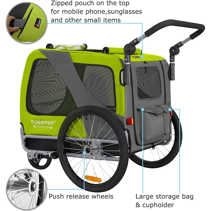 DOGGYHUT® Преміум великий велосипедний причіп для собак 2 в 1 / Візок-бігунок для собак / Причіп для собак великого розміру, 270 літрів, для собак середніх та великих порід до 35 кг (зелений / чорний)