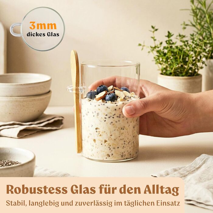EDELHAUS Банки для Overnight Oats 4x500 мл з кришками, етикетками та ложками - герметичні скляні банки для вівсянки, йогурту, чиа-пудингу, спецій