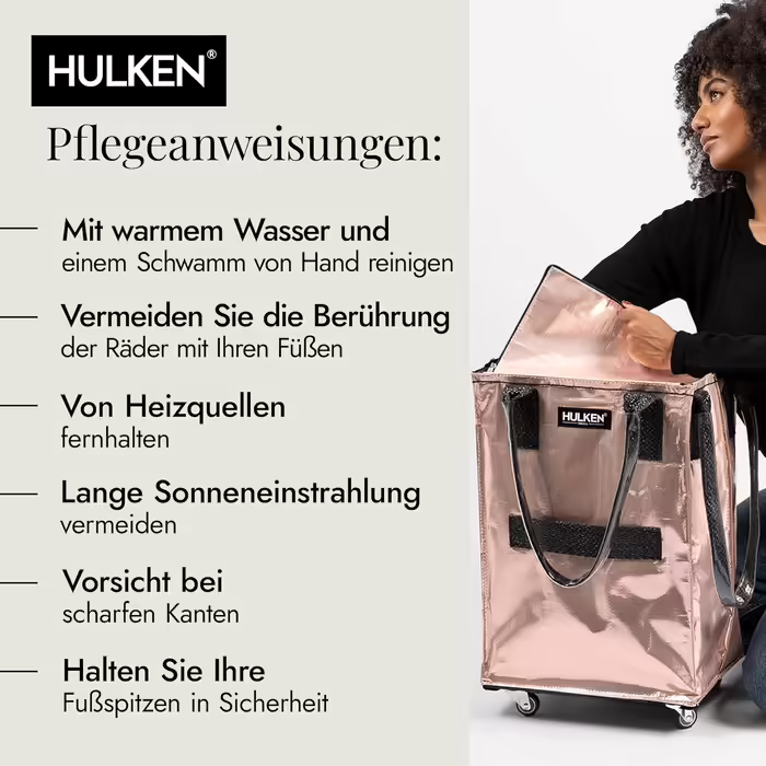 HULKEN - (Small, Rose Gold) Reusable shopping bag on wheels. The shopping cart can carry up to 30 kg, has sturdy handles, a zipper, and is flat, lightweight, and foldable.
