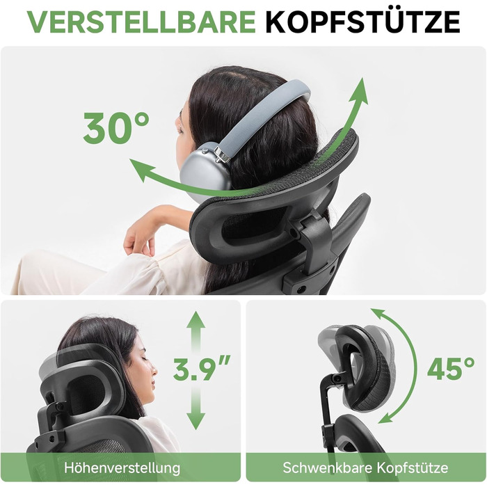 Офісний крісло GTPLAYER Ergonomic з регульованою підголівником, підлокітниками та поперековою підтримкою, функція гойдання, сітка, чорний, 150 кг