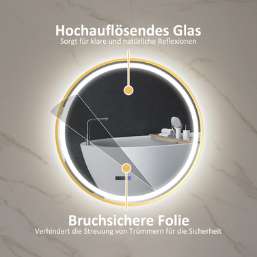 HOMCOM Round Bathroom Mirror with LED Lights, Anti-Fog Function, Touch Controls, and Display