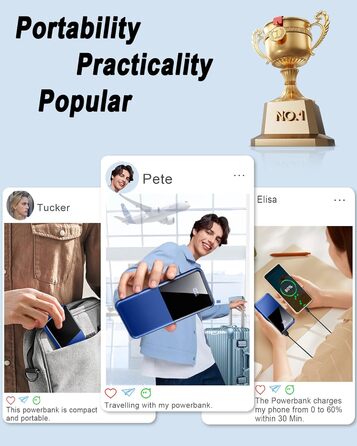 Портативний зарядний Power Bank 10000mAh, 22.5W, PD USB-C, для iPhone, Samsung та інших. Чорний/Синій