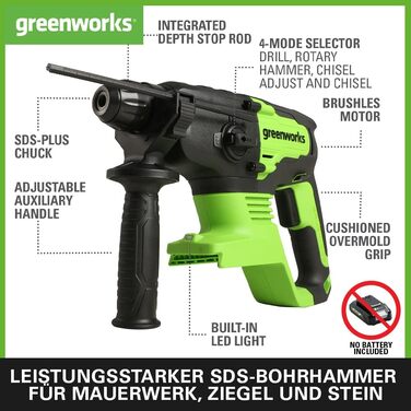 Greenworks GD24SDS2 акумуляторний дриль-ударний SDS з безщітковим мотором, 0-1000 об/хв, 0-4500 уд/хв, 2 Дж енергії удару, БЕЗ акумулятора 24V та зарядного пристрою, 3 роки гарантії, SDS-ударний свердло 2J