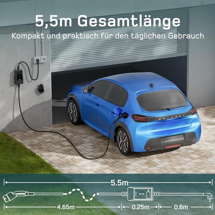 Кабель для зарядки електромобіля Type 2 Schuko 3,7kW (6-16A, 1-фазний) з LCD-дисплеєм, 5,5м, чорний