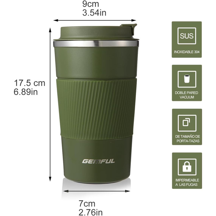 Термокружка з нержавіючої сталі 510 мл Gemful для подорожей та дому (зелена)