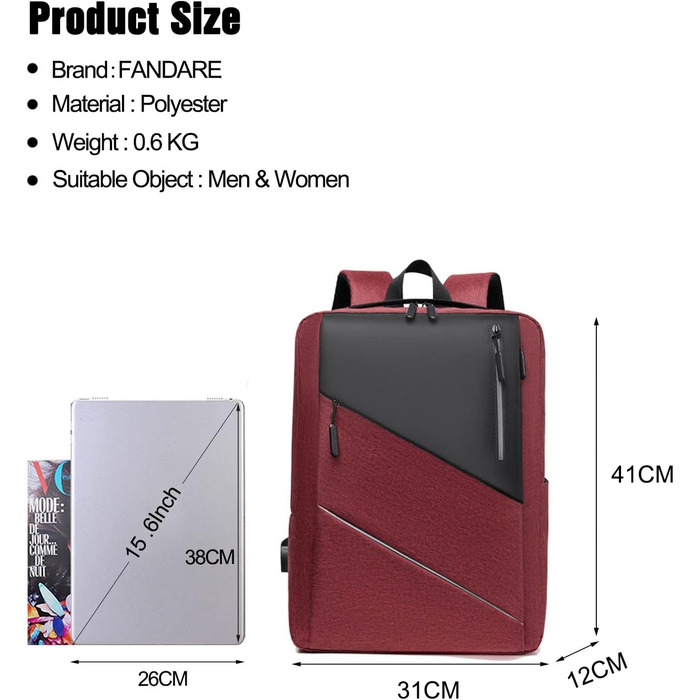 Рюкзак для ноутбука FANDARE Slim - чоловічий/жіночий, багатокольоровий, з USB-портом, для роботи, подорожей, навчання та відпочинку (фіолетовий/червоний)
