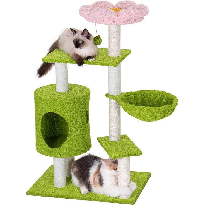 Кігтеточка-будинок для котів з квітами, 104 см, зелено-рожевий. Багатоповерхова кігтеточка з гамаком та будиночком.