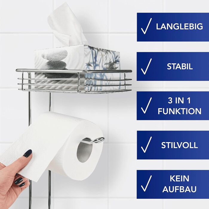Підставка для туалетного паперу WENKO 3в1 з полицею та держателем рулонів - срібна, 16 x 59 x 18 см