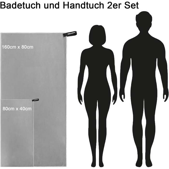 Набір рушників Leeyunbee з мікрофібри (2 шт.) - 160x80 см + 80x40 см, швидковисихаючі, для спорту, подорожей, пляжу (світло-сірий)