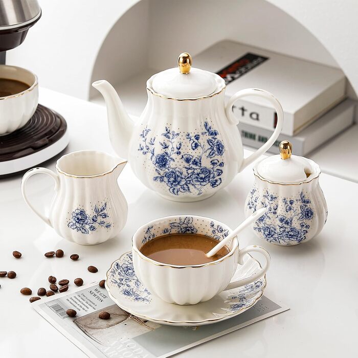 Porcelain Teaservice, Gold Tea Set for Party, Wedding (Blue)