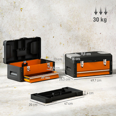 HOMCOM Empty Tool Box, 49.7 x 25.3 x 23 cm Tool Chest with Drawer, Mini-Box, Top Storage Compartment, Handle, Steel Tool Case, Orange | Aosom