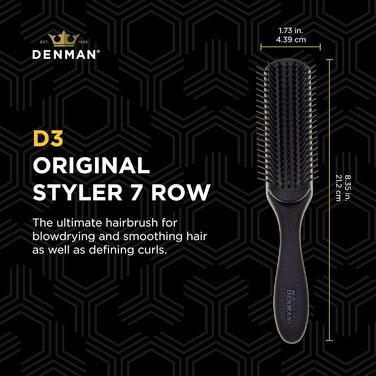 Щітка для кучерявого волосся Denman D3 (African), 7-рядна стилінг-щітка для розплутування, розділення, формування та визначення кучерів – для жінок та чоловіків (All Black)