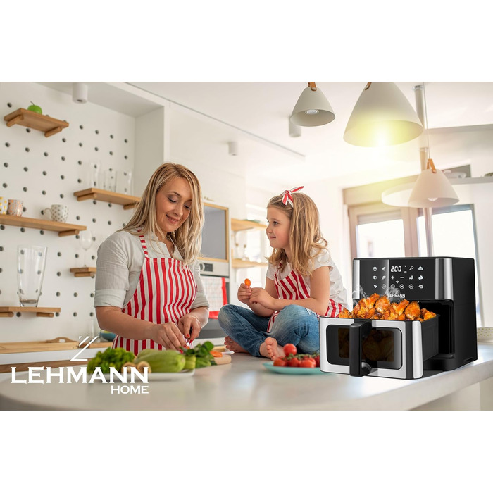 Фритюрниця повітряна LEHMANN з 2 камерами, 2400 Вт, AirFryer XXL з 12 програмами, до 200°C, WiFi, 10л, з вікном, для смаження, випікання, сушіння, грилю