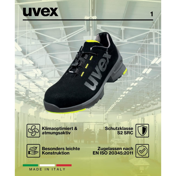 Робочі черевики Uvex 1 Halbschuh S2 SRC, чорно-лаймові, 45 EU (для жінок та чоловіків)