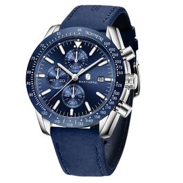 Годинник чоловічий BENYAR Chronograph з кварцовим механізмом, аналоговий, з шкіряним ремінцем. Стильний дизайн для бізнесу, спорту та повсякденного носіння. Водостійкість 30M. Елегантний подарунок для чоловіків (синій ремінець, сріблясте корпус, блакитний циферблат)