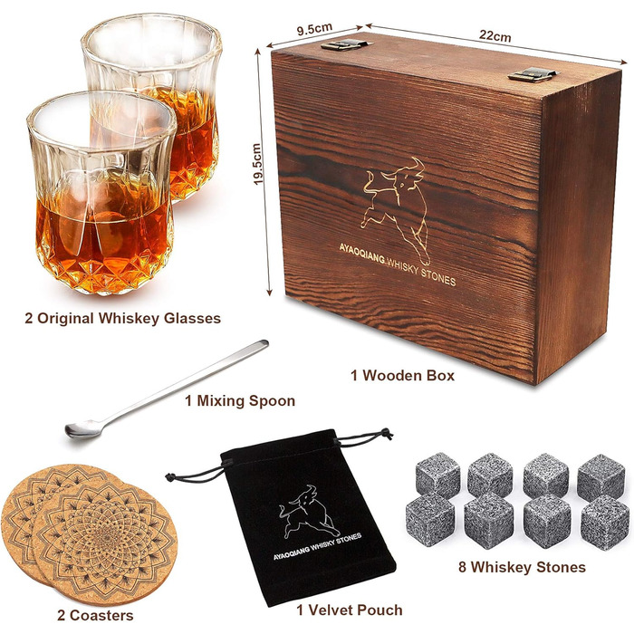 Набір для віскі з кубиками льоду – 8 шт. та 2 склянки, дерев'яна коробка, подарунок для чоловіків та жінок