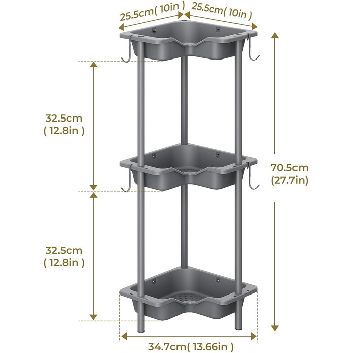 Поличка для душу OriwarE без свердління, кутова, 3 яруси, з гачками, з нержавіючої сталі, сіра