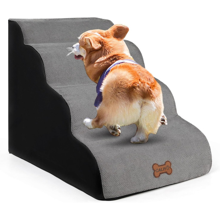 Сходинки для собак Caliyo, 4 сходинки, сірі. Сходи для собак та котів, 40 см, з миючим чохлом та неслизьким дном. Підходять для ліжка, дивану та авто (60×40×40 см)