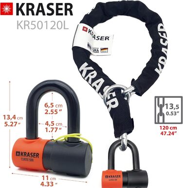 Замок-ланцюг KRASER KR50120L для мотоцикла, дисковий захист від крадіжки, U-образний замок Ø18 мм + ланцюг 120 см Ø13,5 мм, система петлі, сертифікат SRA, для мотоциклів та скутерів