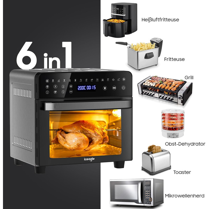 Iceagle Hot Air Fryer XXL Airfryer 15 Liter, Fryer with 13 Programs, Mini Oven, Dehydrator Function, LCD Display, including Recipe Book and Accessories, 1800W 15L