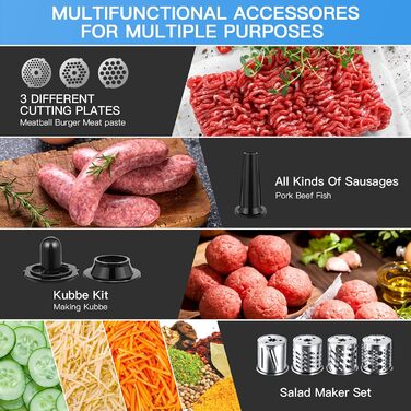 М'ясорубка електрична Profi 2000 Вт з насадками для ковбас, печива та кібе. 3 диски з нержавіючої сталі, 4 ножі. Для м'яса, овочів, сиру та тіста, Чорна