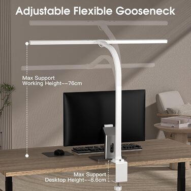 LED лампа настільна з авторегулюванням яскравості, 80 см, кріплення-прищіпка, регульована колірна температура, захист для очей, повний спектр денного світла, таймер, білий колір