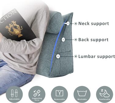 Подушка для спини, трикутна подушка для попереку, підголовник, подушка для ліжка, спинка для дивану, велика подушка для спини сірого кольору, Ployester, 60 см