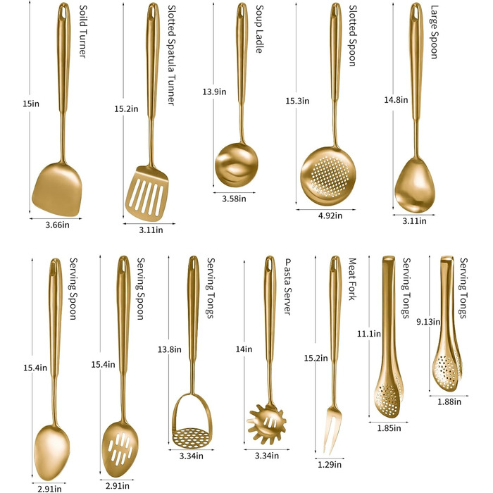 Набір кухонного інвентарю з нержавіючої сталі 304, 12 предметів: лопатки, шумівки, ложки, щипці, лопаточки, вінчики, кухонні щипці (безпечно мити в посудомийній машині) (сріблястий, золотий)