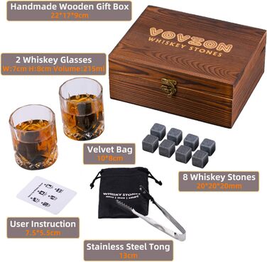 Whiskey Stones Gift Set for Men - 8 Whiskey Scotch Bourbon Chilling Stones, 2 Whiskey Glasses in Wooden Box - Christmas/Father's Day/Birthday/Gift for Dad Papa Friend