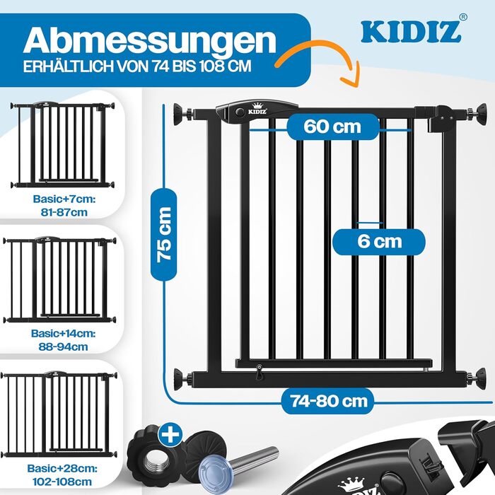 Захист для сходів KIDIZ без свердління | Регульована ширина 74-80 см, висота 75 см | Захист для дітей та собак, одноручний відкривання, система Open-Stop 90°, чорний колір