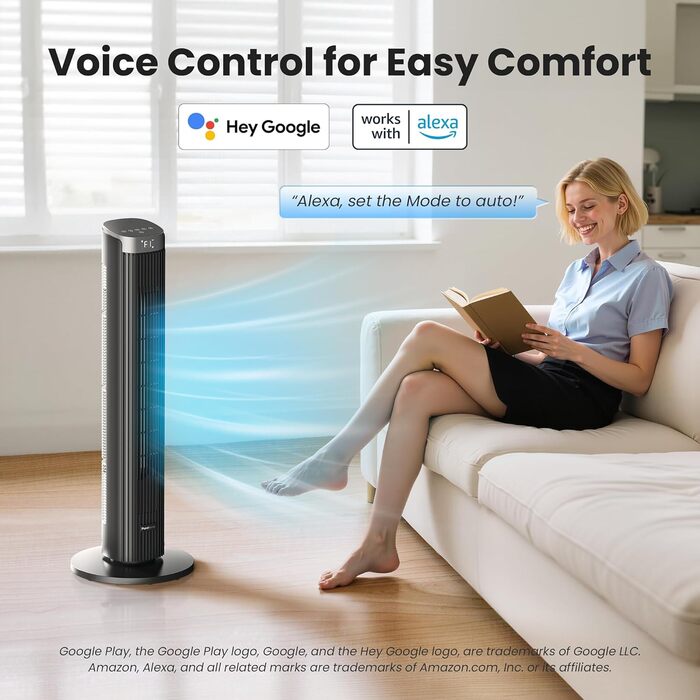 Вентилятор Pureborne 91 см з осциляцією, керуванням Wi-Fi та пультом, 4 швидкості та 4 режими, таймер 12 годин, чорний