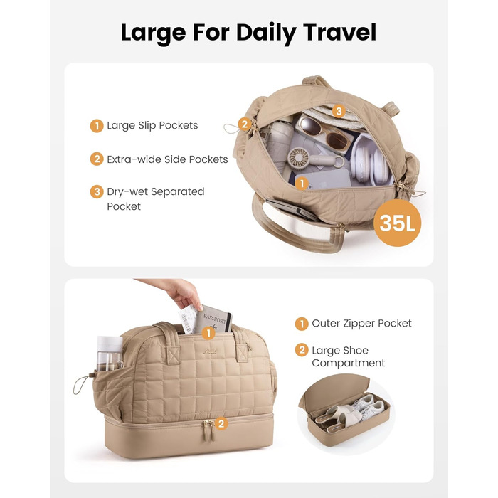 Сумка-мішок LOVEVOOK для подорожей, 35L: спортивна, для фітнесу, з відділенням для взуття та мокрих речей, ручна поклажа, для подорожей, відпустки, сірий+бежевий