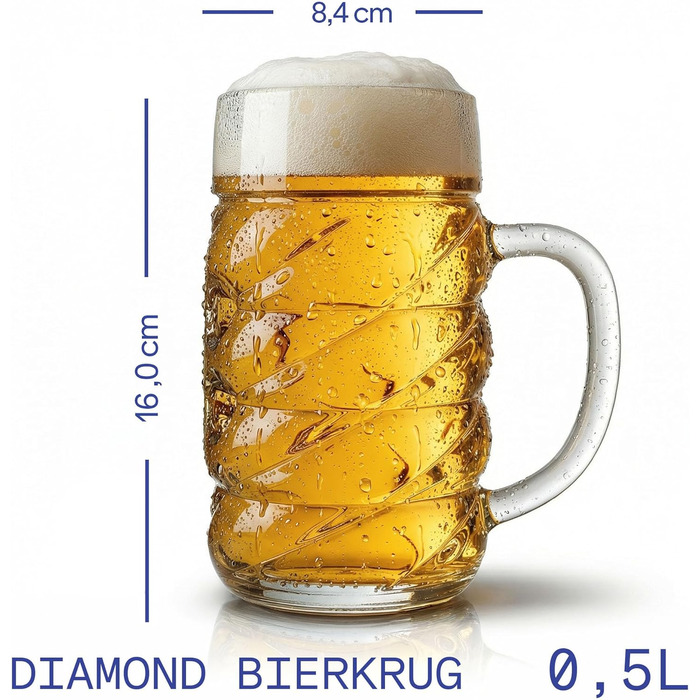 Набір пивних кружок Oberglas DIAMOND 6 шт, 500 мл – Преміум пивний кубок з діамантовим дизайном, яскраве скло для пива, для затишних вечірок, можна мити в посудомийній машині