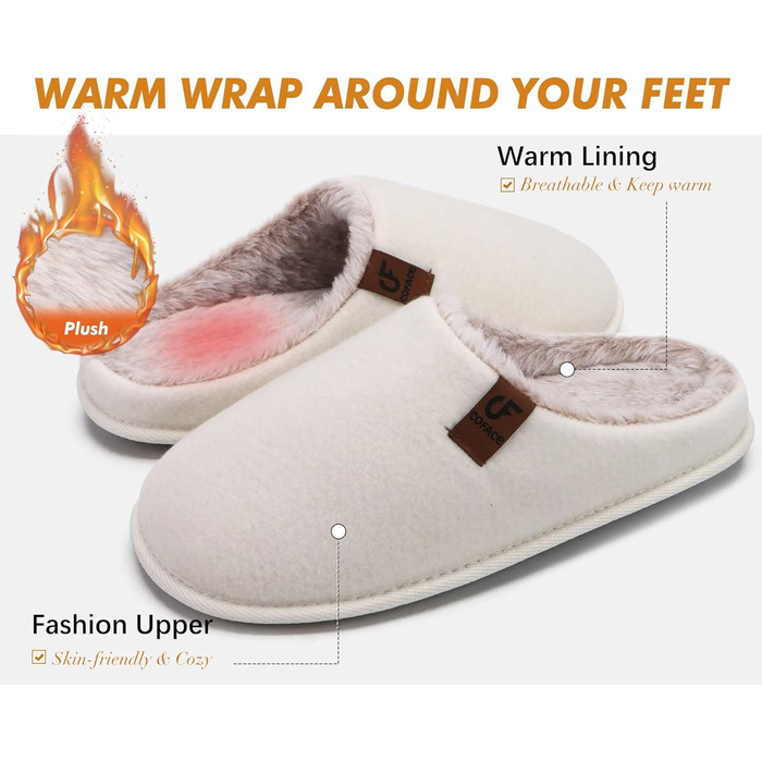 COFACE Халаці домашні жіночі з фетру, теплі, зручні, пухнасті, з м'якою підкладкою, з антиковзною гумовою підошвою для дому та вулиці (Бежево-білий, 41 EU)